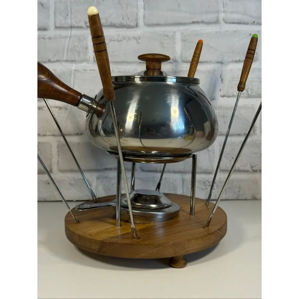 Vintage MCM Fondue Set 18/8 Stainless Steel Wood Mint Condition